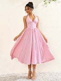 Genevieve | Halter V-Neck Pink Midi Dress