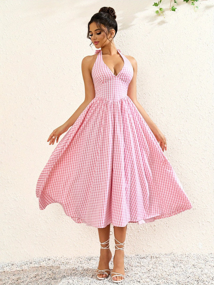 Genevieve | Halter V-Neck Pink Midi Dress