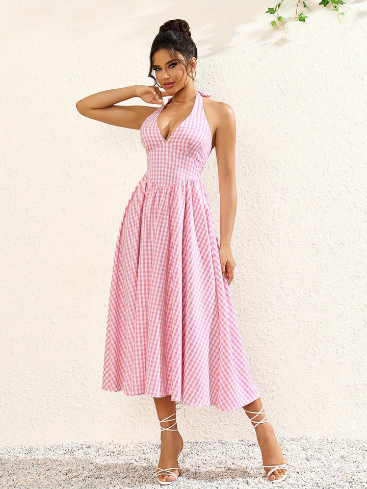 Genevieve | Halter V-Neck Pink Midi Dress