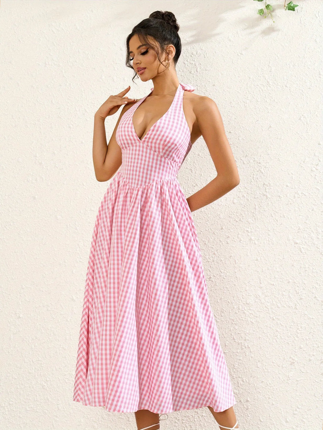 Genevieve | Halter V-Neck Pink Midi Dress