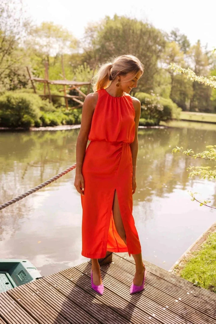 Orange Women's Halter Midi Dress — Cherry Wrap Tie Sleeveless - Front Full