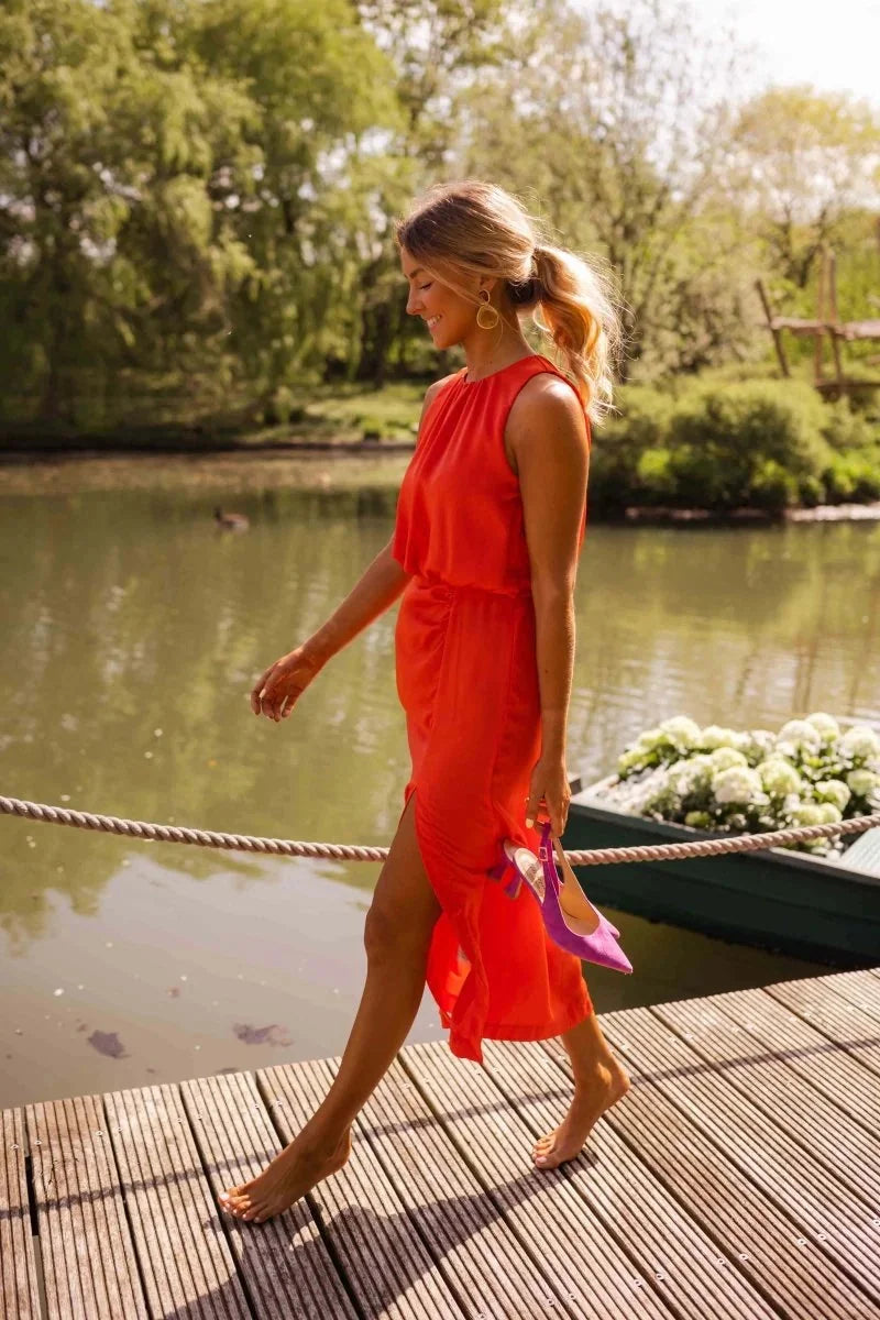 Orange Women's Halter Midi Dress — Cherry Wrap Tie Sleeveless - Front Walking