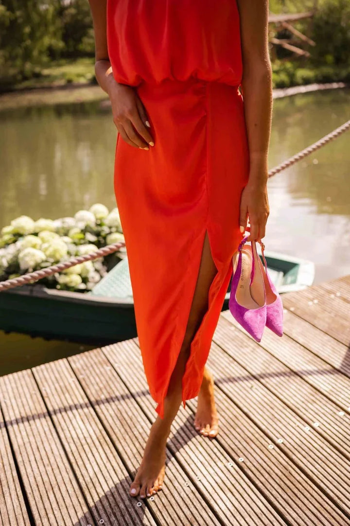 Orange Women's Halter Midi Dress — Cherry Wrap Tie Sleeveless - Side Pose