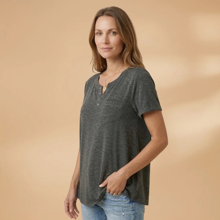 Nadia | Stylish Henley T-Shirt with Button Detail