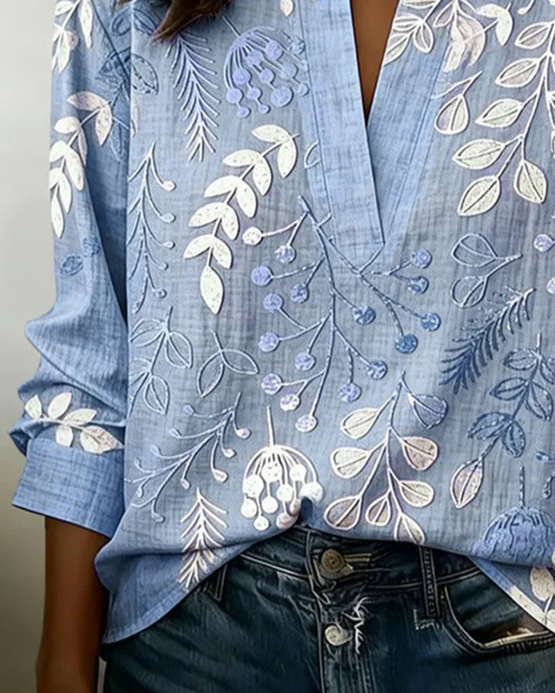 Blue Women's Floral High Neck Blouse — Darcy Embroidered Long Sleeve - Close Up Neckline