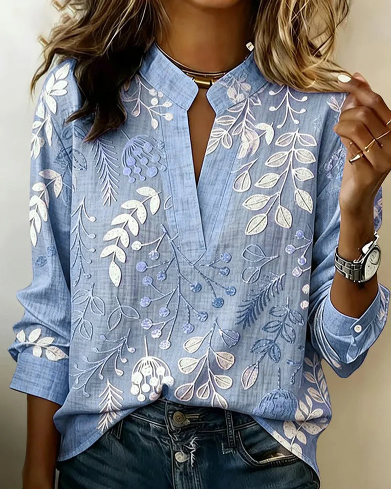 Blue Women's Floral High Neck Blouse — Darcy Embroidered Long Sleeve - Front Full