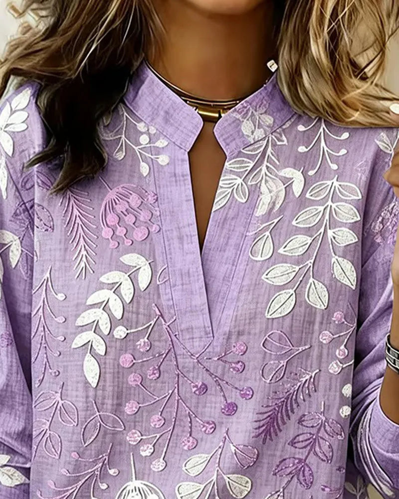 Purple Women's Floral High Neck Blouse — Darcy Embroidered Long Sleeve - Front Pose