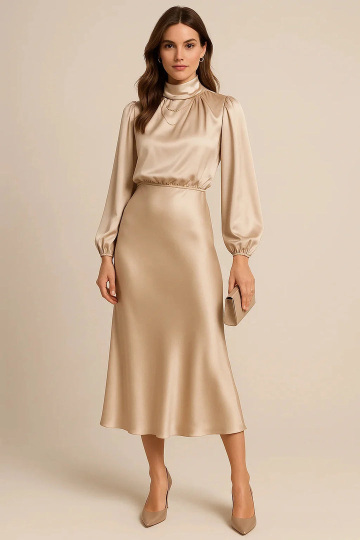 Beige Women's High Neck Midi Dress — Tatiana Balloon Sleeve Satin - Front Full