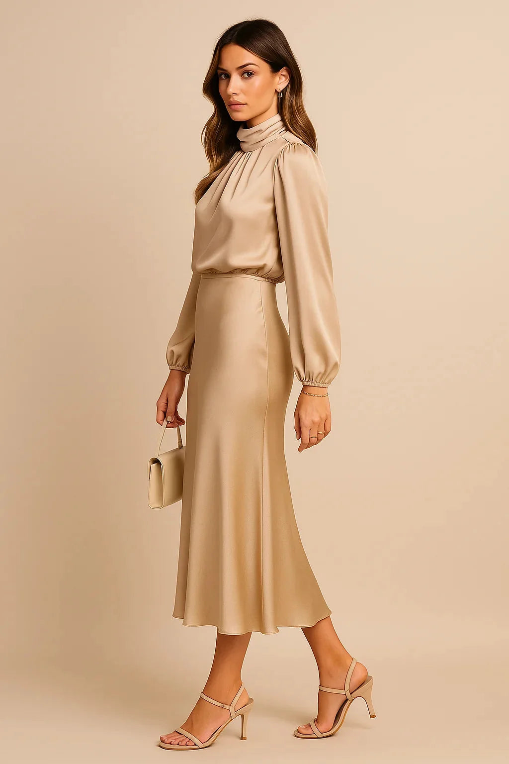 Beige Women's High Neck Midi Dress — Tatiana Balloon Sleeve Satin - Side Pose
