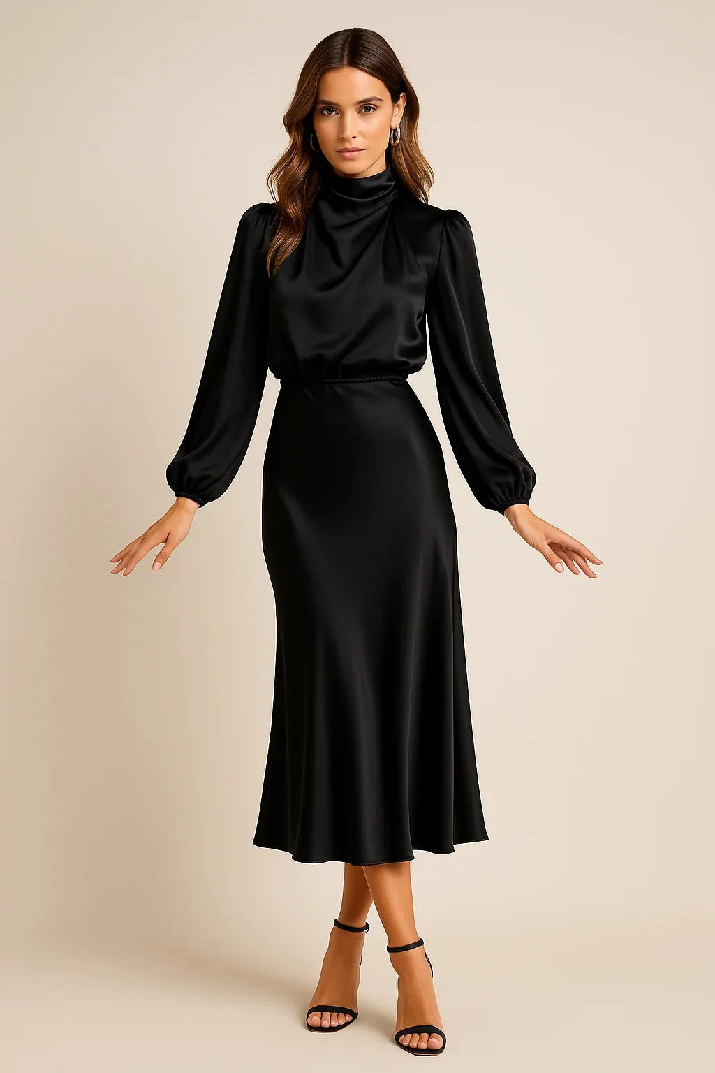 Black Women's High Neck Midi Dress — Tatiana Balloon Sleeve Satin - Front Full Standing