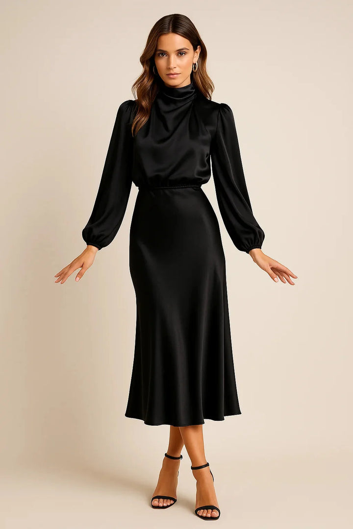Black Women's High Neck Midi Dress — Tatiana Balloon Sleeve Satin - Front Full Standing