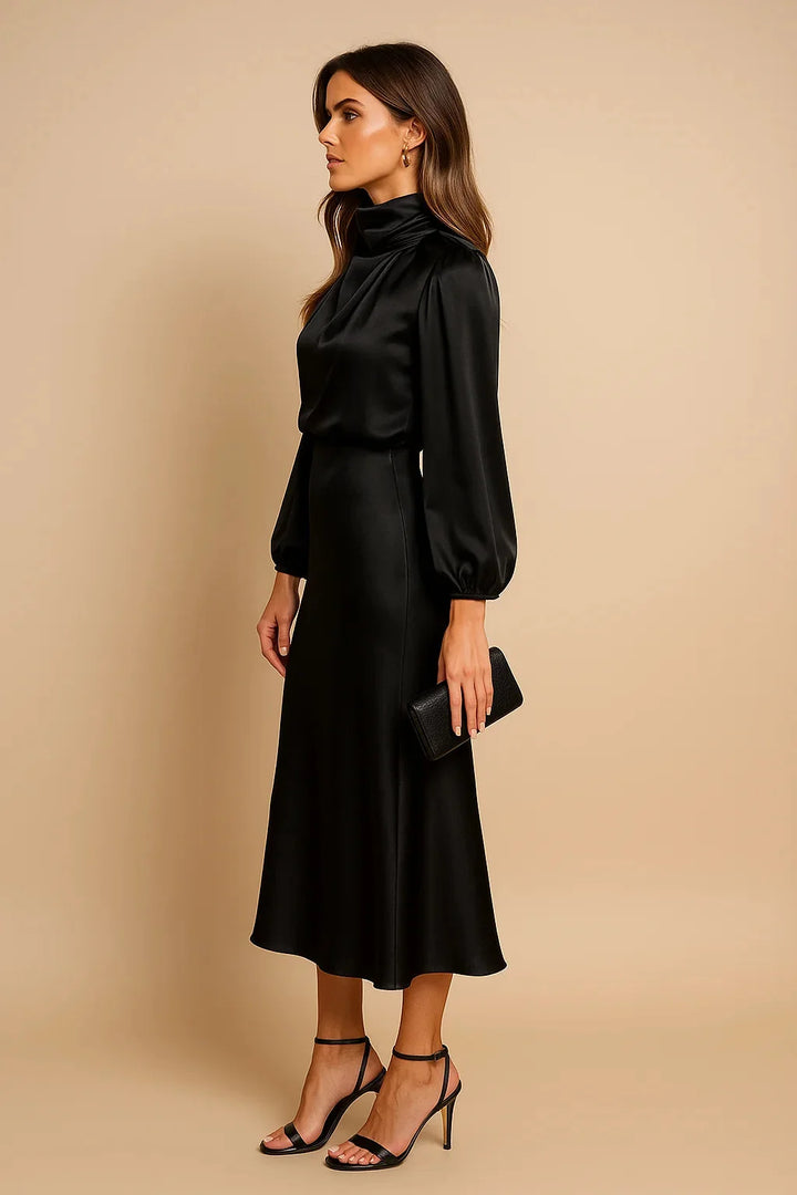 Black Women's High Neck Midi Dress — Tatiana Balloon Sleeve Satin - Side Profile
