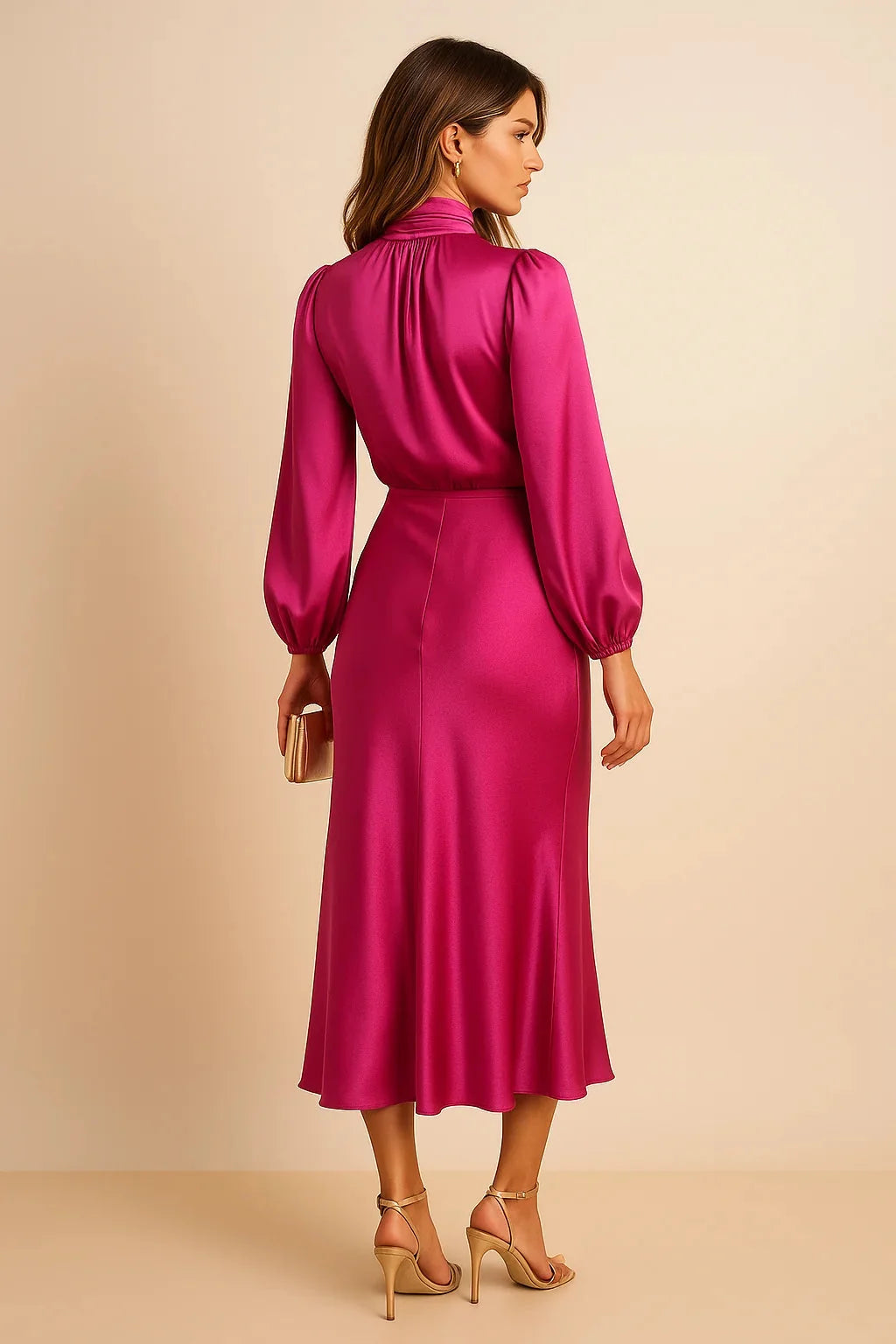 Hot Pink Women's High Neck Midi Dress — Tatiana Balloon Sleeve Satin - Back View