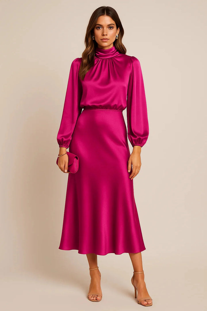 Hot Pink Women's High Neck Midi Dress — Tatiana Balloon Sleeve Satin - Front Center
