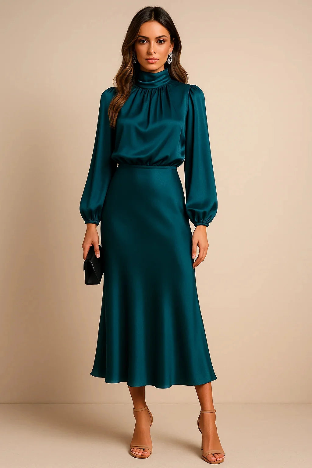 Teal Women's High Neck Midi Dress — Tatiana Balloon Sleeve Satin - Blue Front Facing