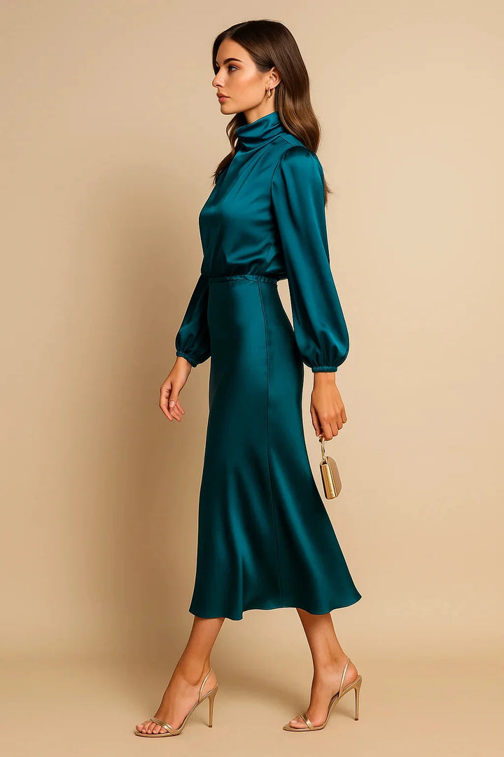 Teal Women's High Neck Midi Dress — Tatiana Balloon Sleeve Satin - Blue Side Angle