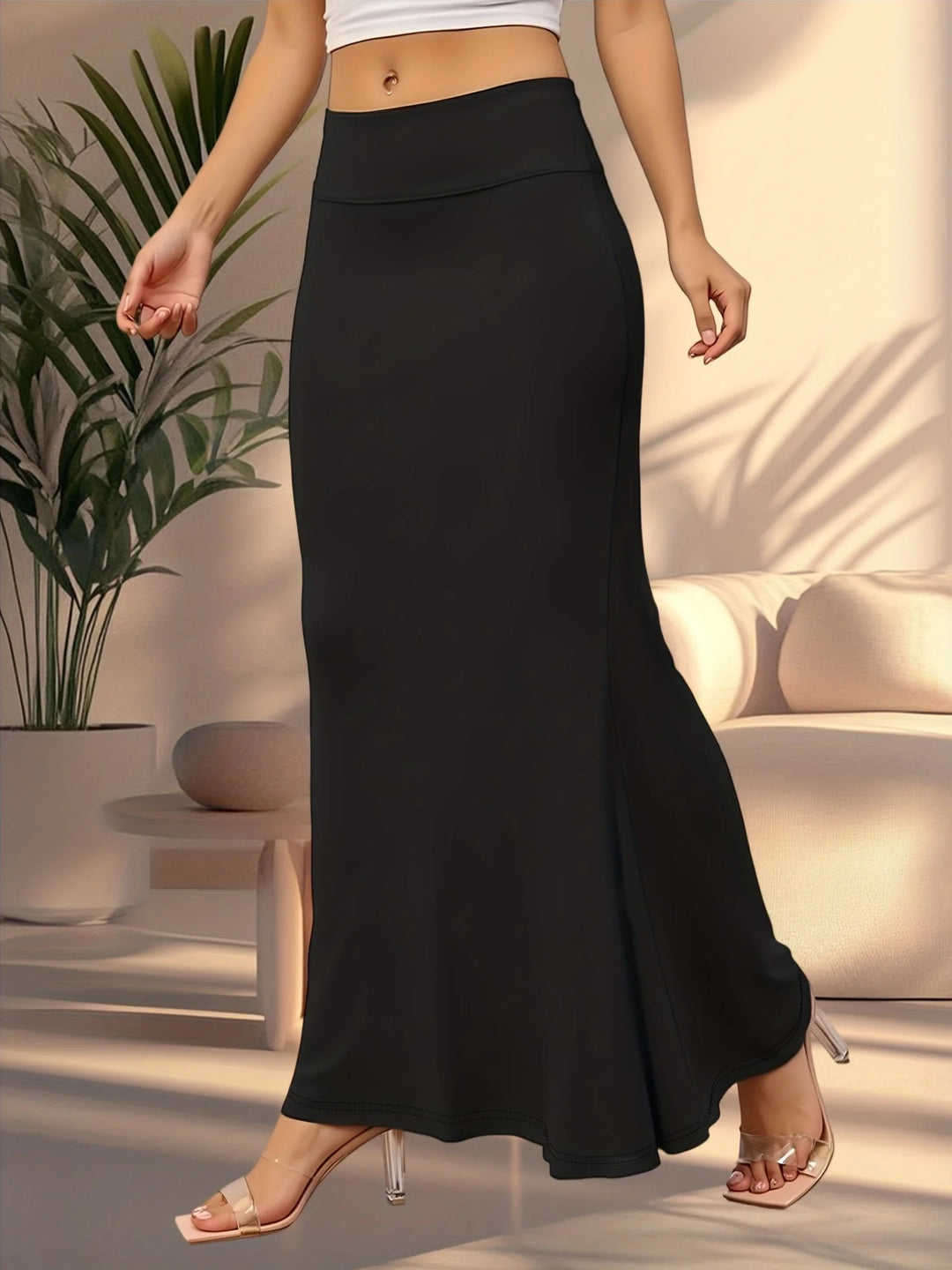 Black Women's Fitted Maxi Skirt — Daisy Sleek Column Silhouette - Front Full