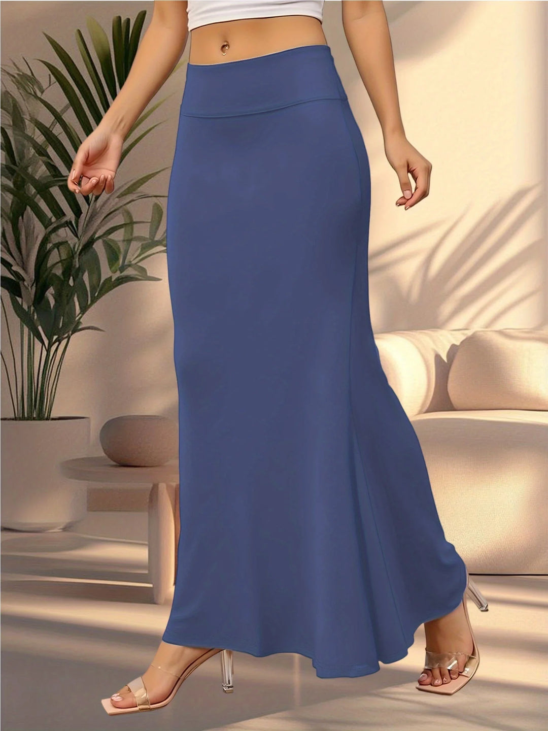 Blue Women's Fitted Maxi Skirt — Daisy Sleek Column Silhouette - Side Silhouette