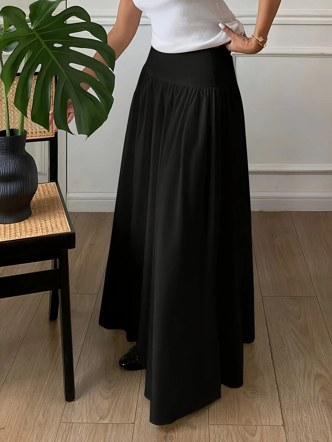 Black Women's High-Waist Flowing Maxi Skirt — Mira Black Tiered Elegant - Front Full