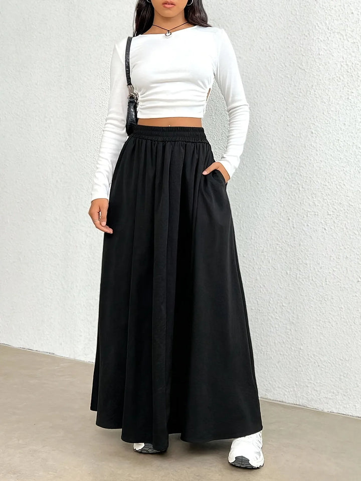 Black Women's High-Waist Flowing Black Maxi Skirt — Emerald Elastic Waist A-Line - Front Full