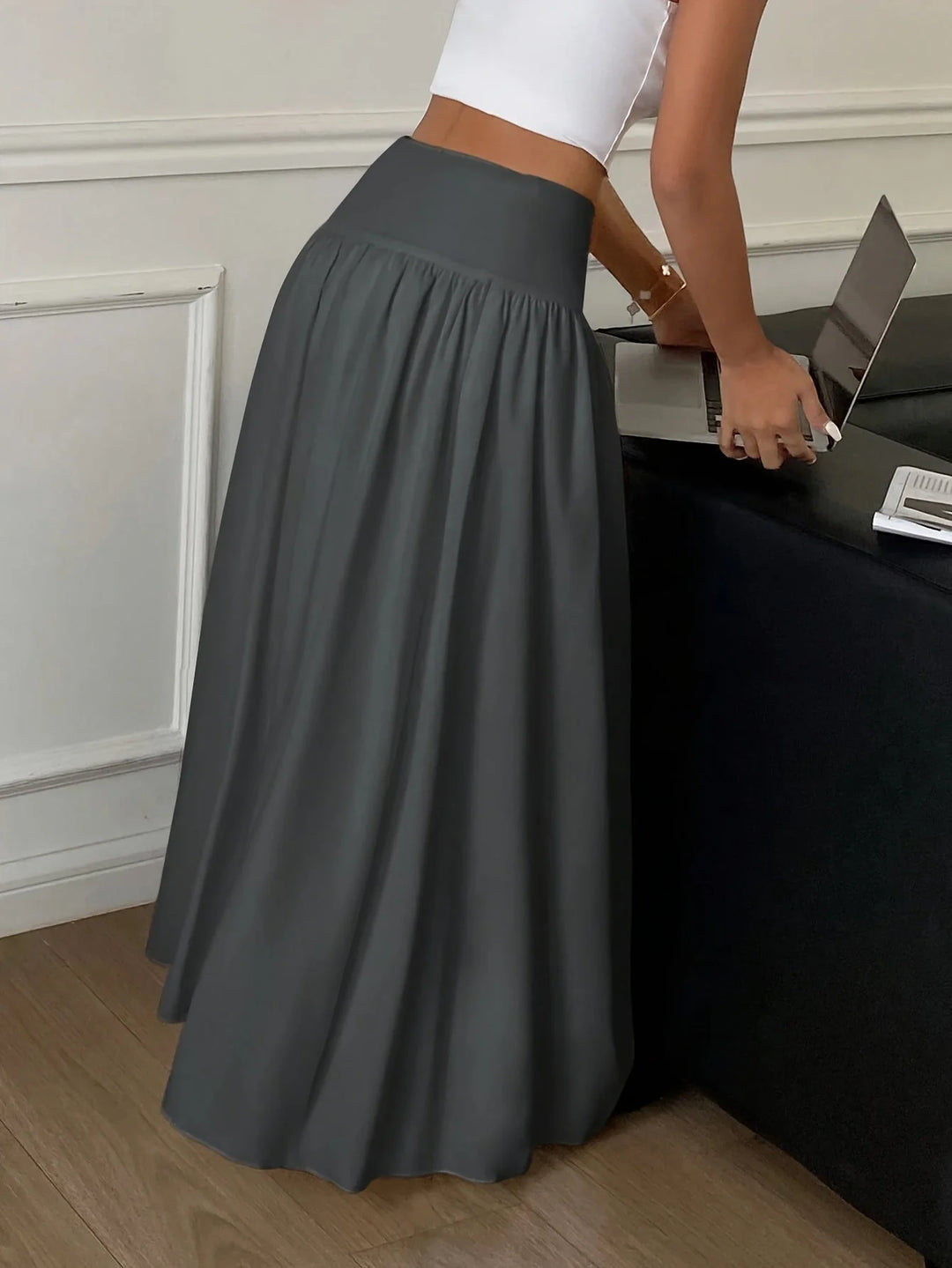 Grey Women's High-Waist Flowing Maxi Skirt — Mira Black Tiered Elegant - Side Angle