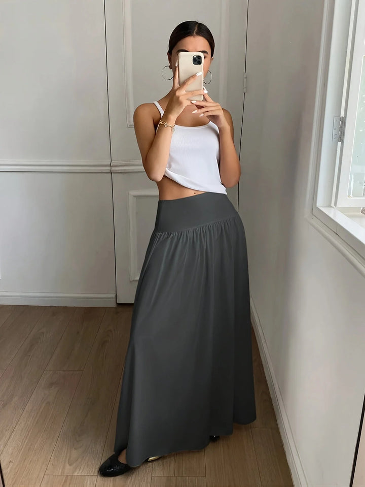 Grey Women's High-Waist Flowing Maxi Skirt — Mira Black Tiered Elegant - Variant Full