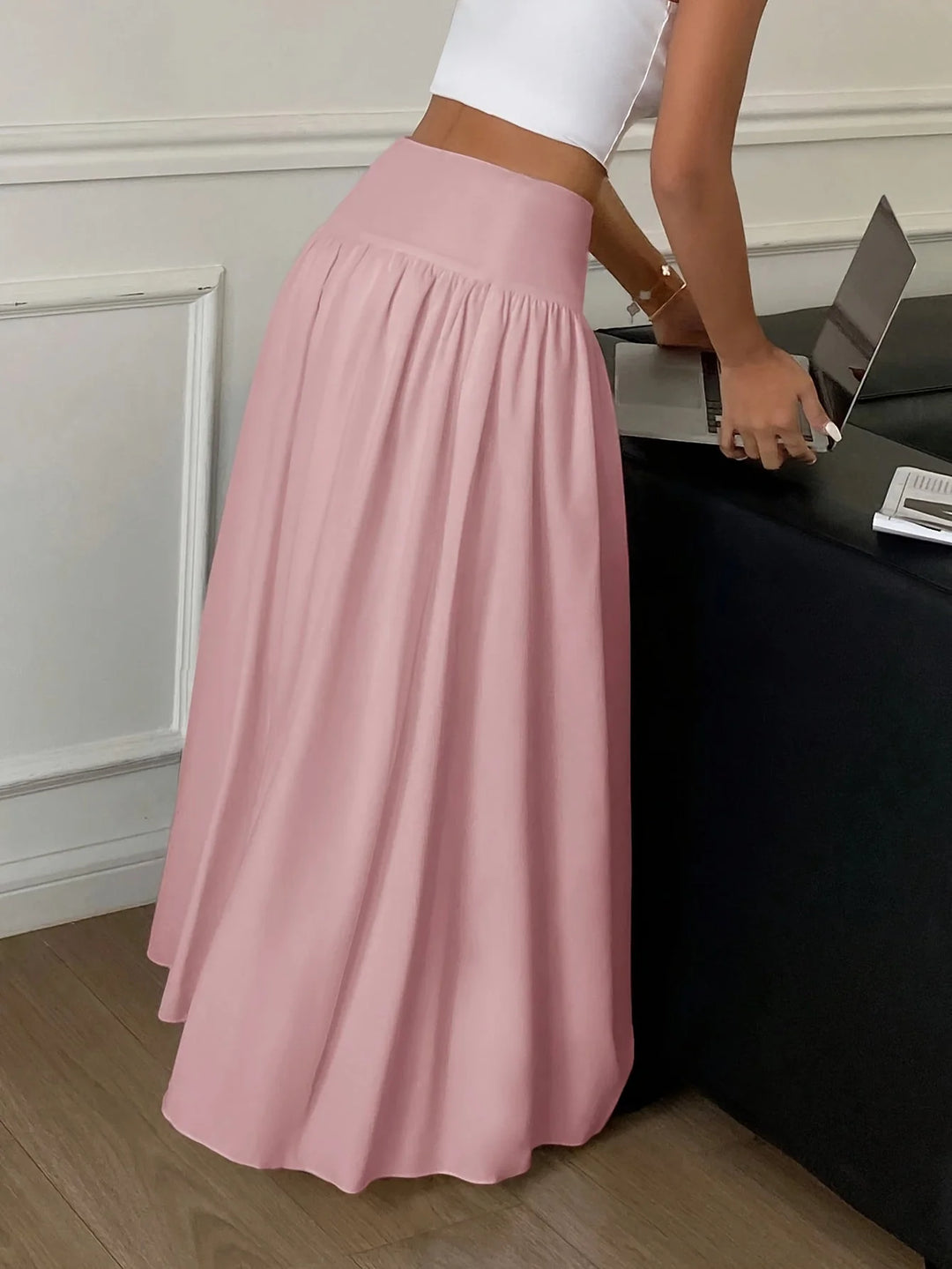 Pink Women's High-Waist Flowing Maxi Skirt — Mira Black Tiered Elegant - Side Angle
