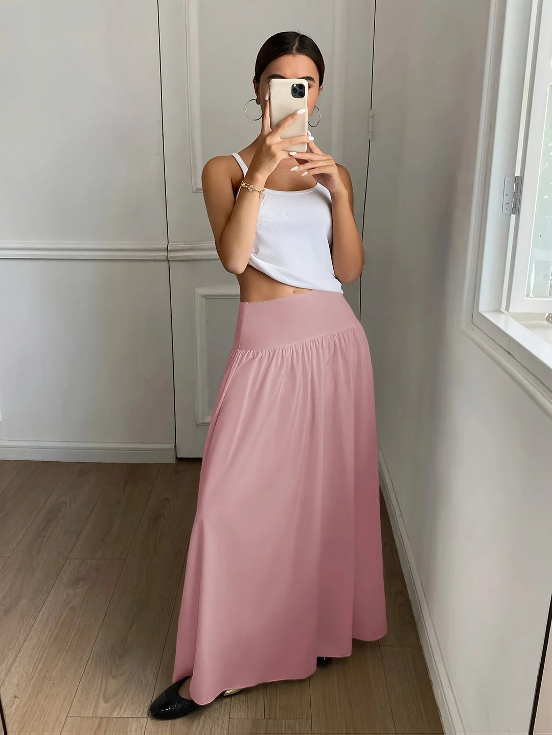 Pink Women's High-Waist Flowing Maxi Skirt — Mira Black Tiered Elegant - Variant Full