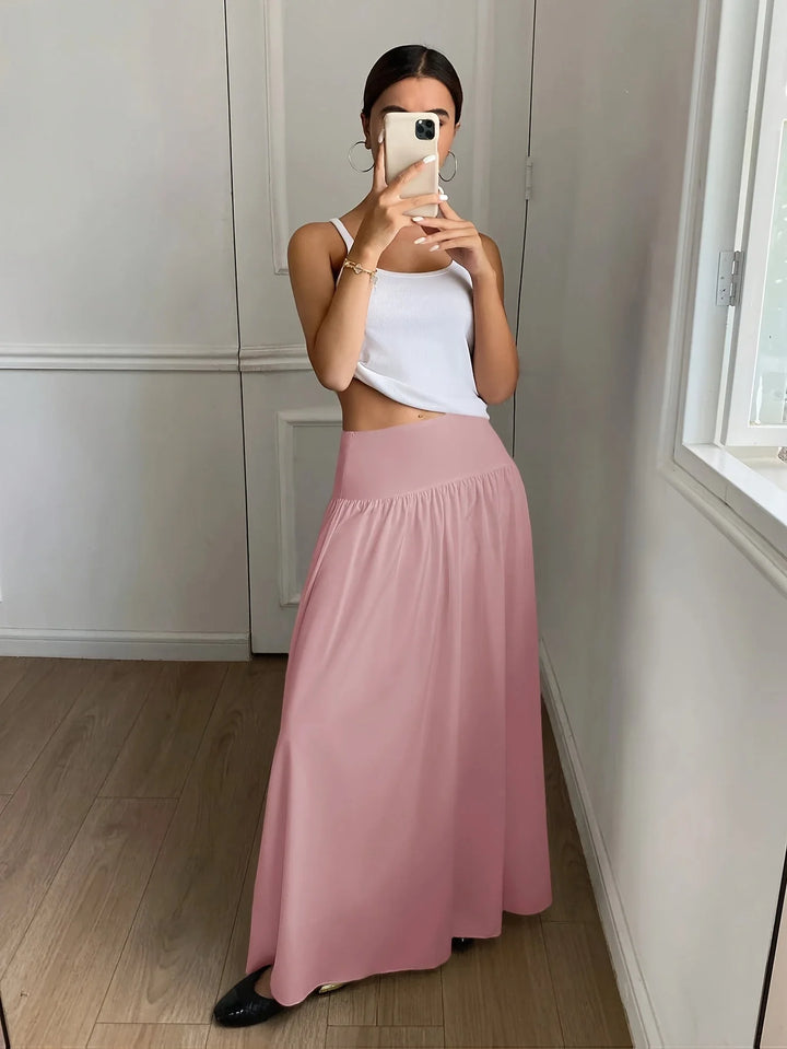 Pink Women's High-Waist Flowing Maxi Skirt — Mira Black Tiered Elegant - Variant Full