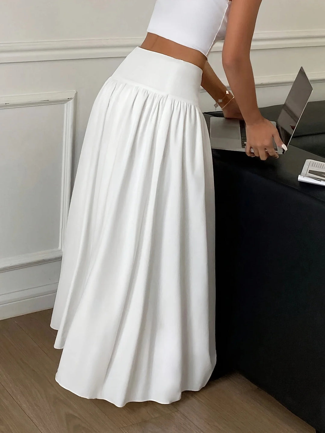 White Women's High-Waist Flowing Maxi Skirt — Mira Black Tiered Elegant - Side Angle