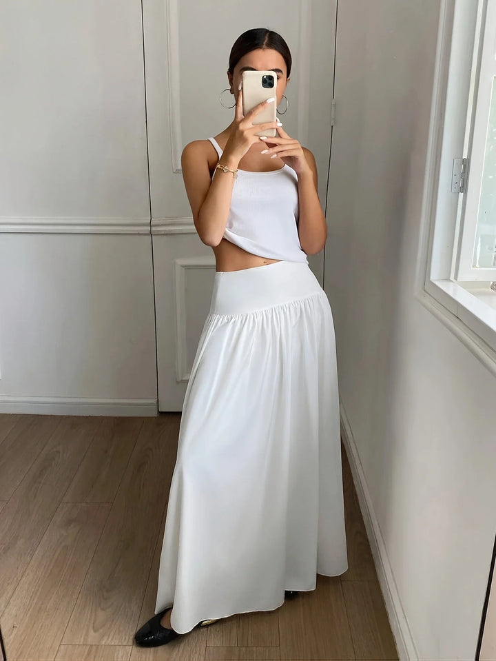 White Women's High-Waist Flowing Maxi Skirt — Mira Black Tiered Elegant - Variant Full