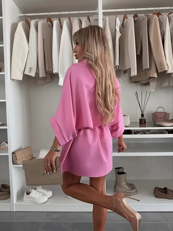 Corina | Elegant Hooded Batwing Sleeve Pink Midi Dress