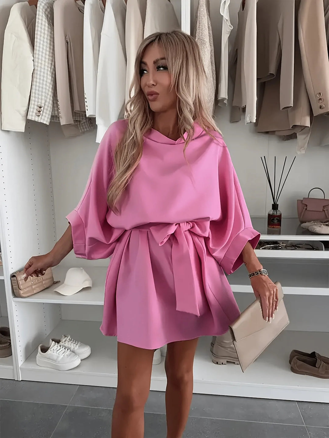 Corina | Elegant Hooded Batwing Sleeve Pink Midi Dress