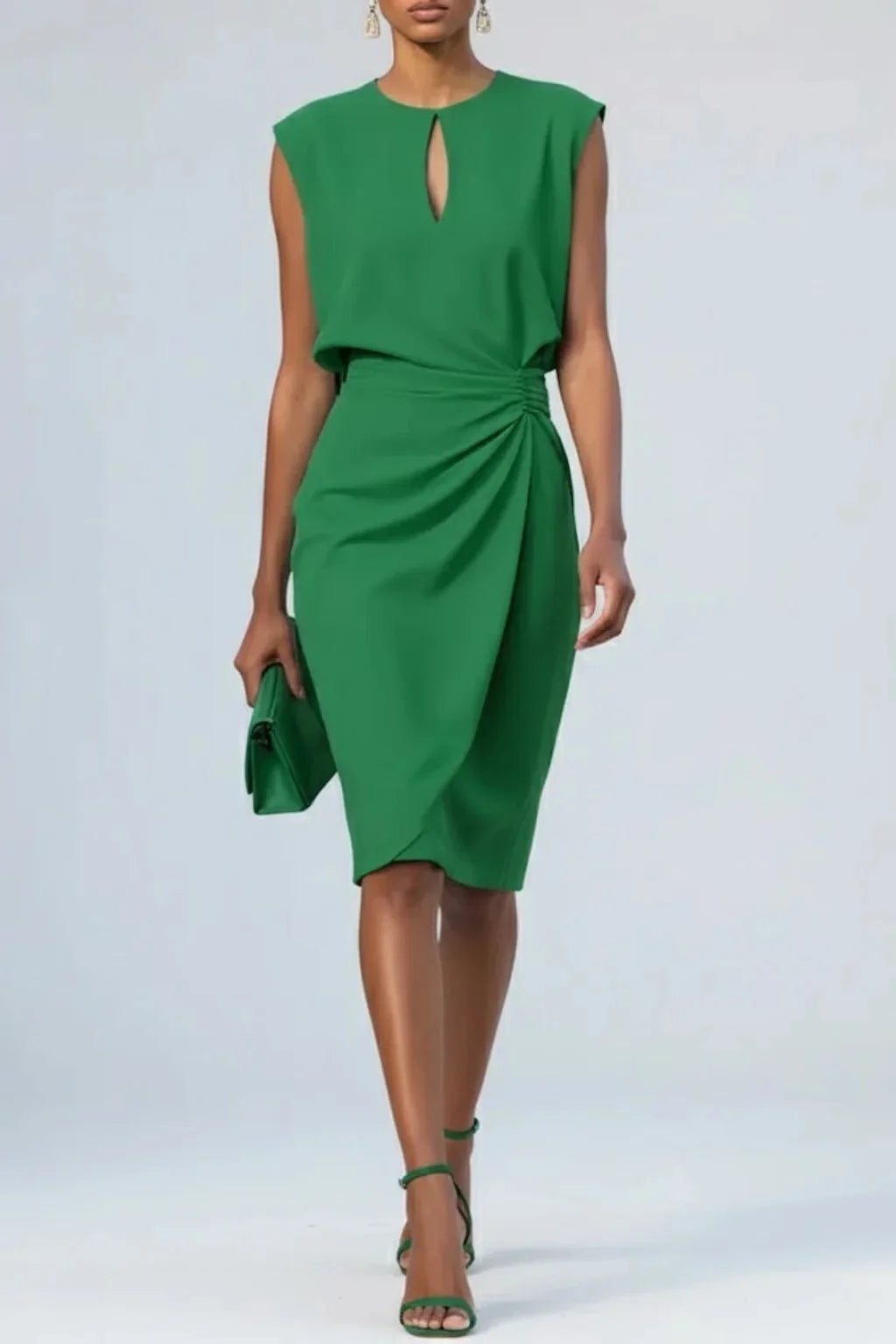 Green Women's Keyhole Neck Midi Cocktail Dress — Zuri Ruched Waist Sleeveless - Side Pose