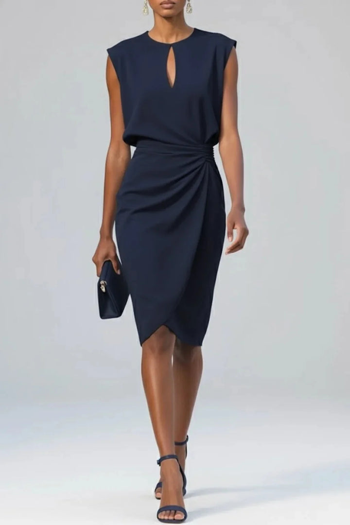 Navy Blue Women's Keyhole Neck Midi Cocktail Dress — Zuri Ruched Waist Sleeveless - Front Pose
