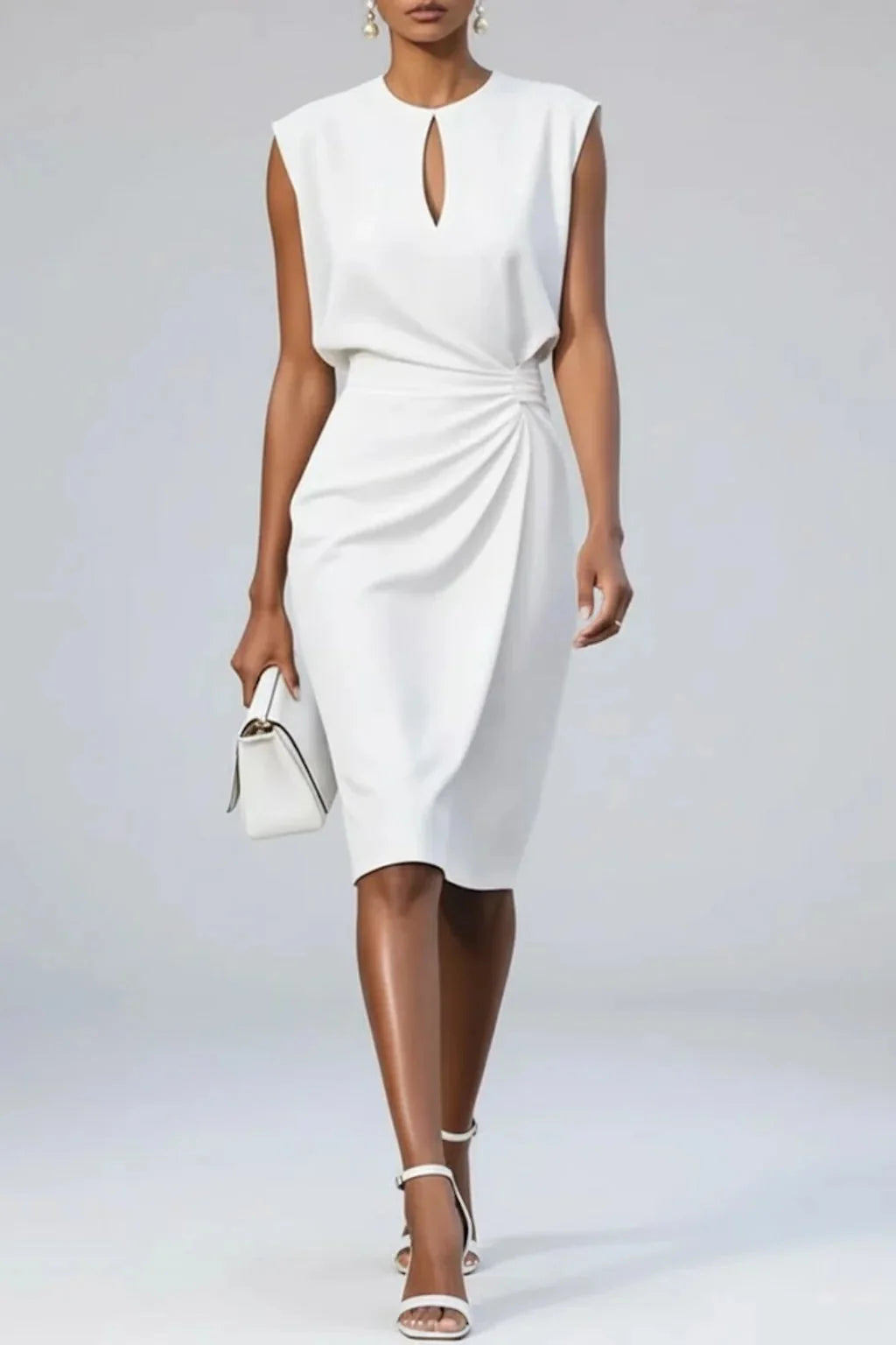 White Women's Keyhole Neck Midi Cocktail Dress — Zuri Ruched Waist Sleeveless - Studio