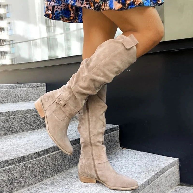 Beige Women's Knee-High Slouch Boots — Gracie Buckle Detail Suede - Outdoor Pose