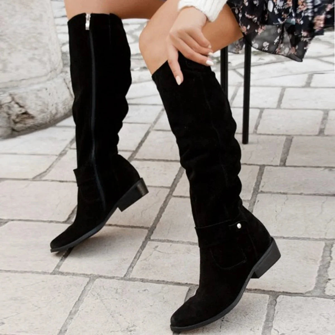 Black Women's Knee-High Slouch Boots — Gracie Buckle Detail Suede - Lifestyle Worn