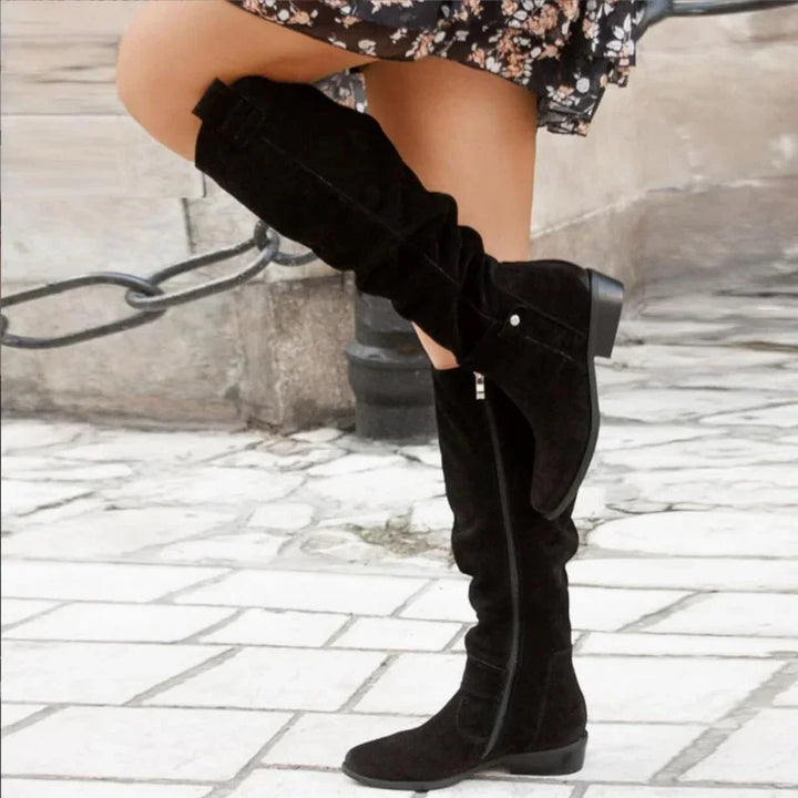 Black Women's Knee-High Slouch Boots — Gracie Buckle Detail Suede - Side Full
