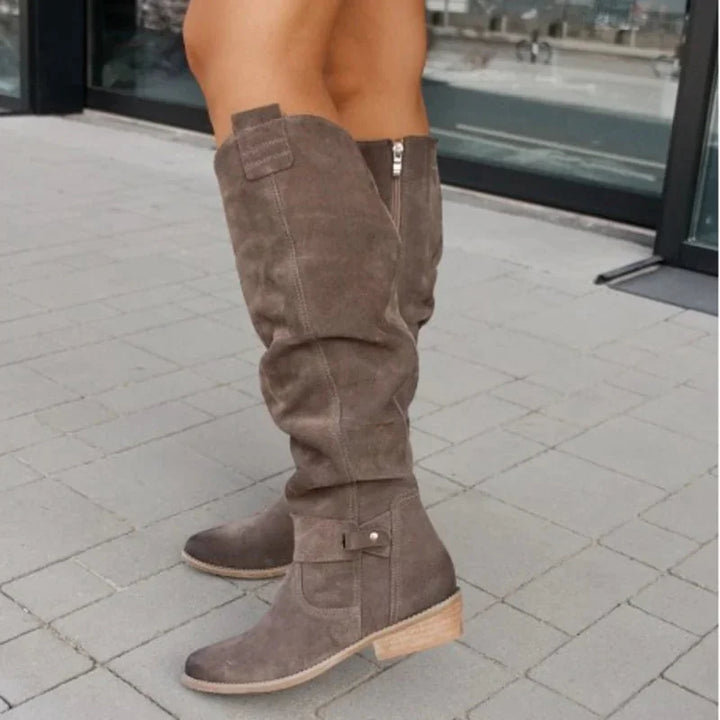 Light Brown Women's Knee-High Slouch Boots — Gracie Buckle Detail Suede - Back Detail