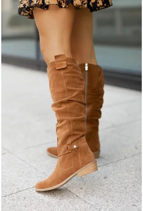 Light Brown Women's Knee-High Slouch Boots — Gracie Buckle Detail Suede - Front Detail