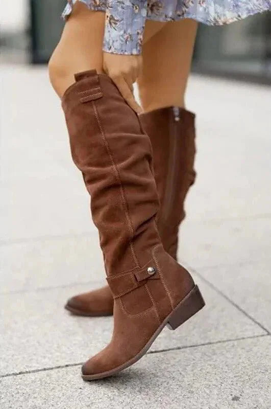 Light Brown Women's Knee-High Slouch Boots — Gracie Buckle Detail Suede - Side Pose