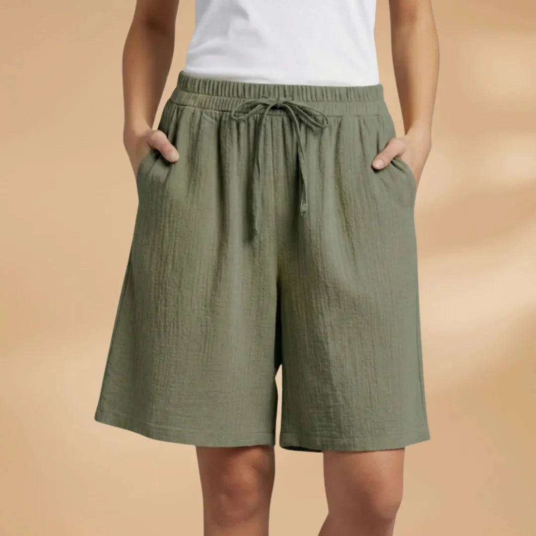 Army Women's Knee Length Drawstring Shorts — Clara Linen Elastic Waist - Green Front Full