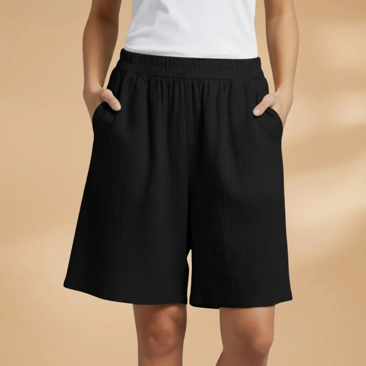 Black Women's Knee Length Drawstring Shorts — Clara Linen Elastic Waist - Front Full