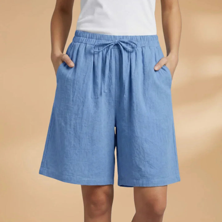 Blue Women's Knee Length Drawstring Shorts — Clara Linen Elastic Waist - Front Full