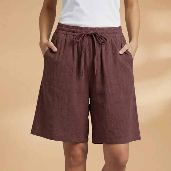 Brown Women's Knee Length Drawstring Shorts — Clara Linen Elastic Waist - Front Full