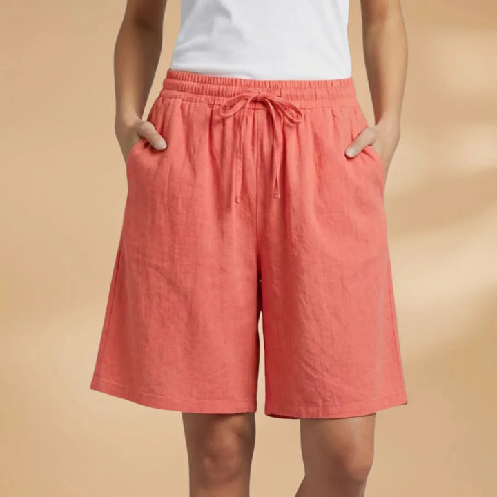 Coral Women's Knee Length Drawstring Shorts — Clara Linen Elastic Waist - Front Full