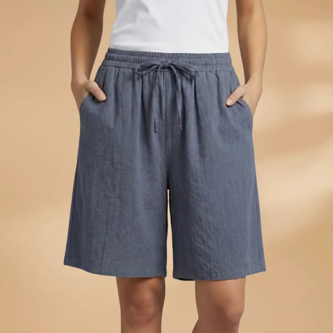 Dark Gray Women's Knee Length Drawstring Shorts — Clara Linen Elastic Waist - Front Full