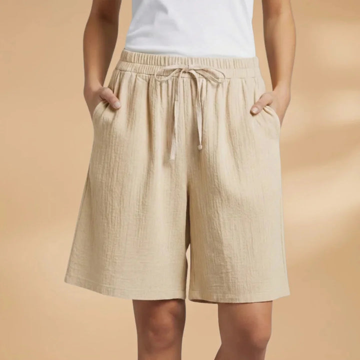 Khaki Women's Knee Length Drawstring Shorts — Clara Linen Elastic Waist - Front Full
