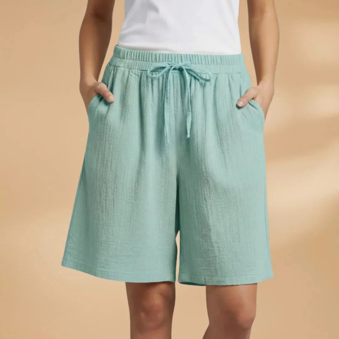 Mint Women's Knee Length Drawstring Shorts — Clara Linen Elastic Waist - Front Full